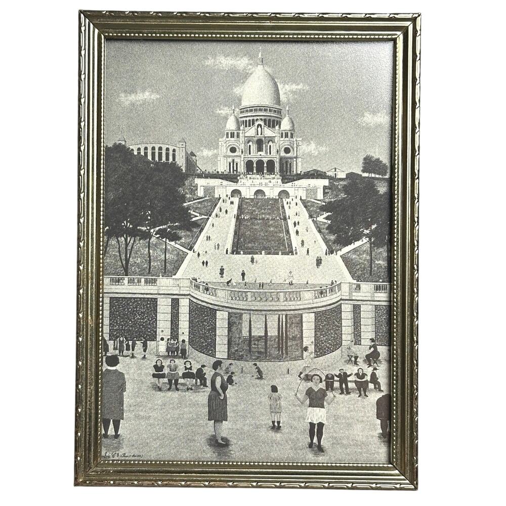 Vintage framed vintage print Sacre Coeur Monmarte gold tone frame 6x7 French art
